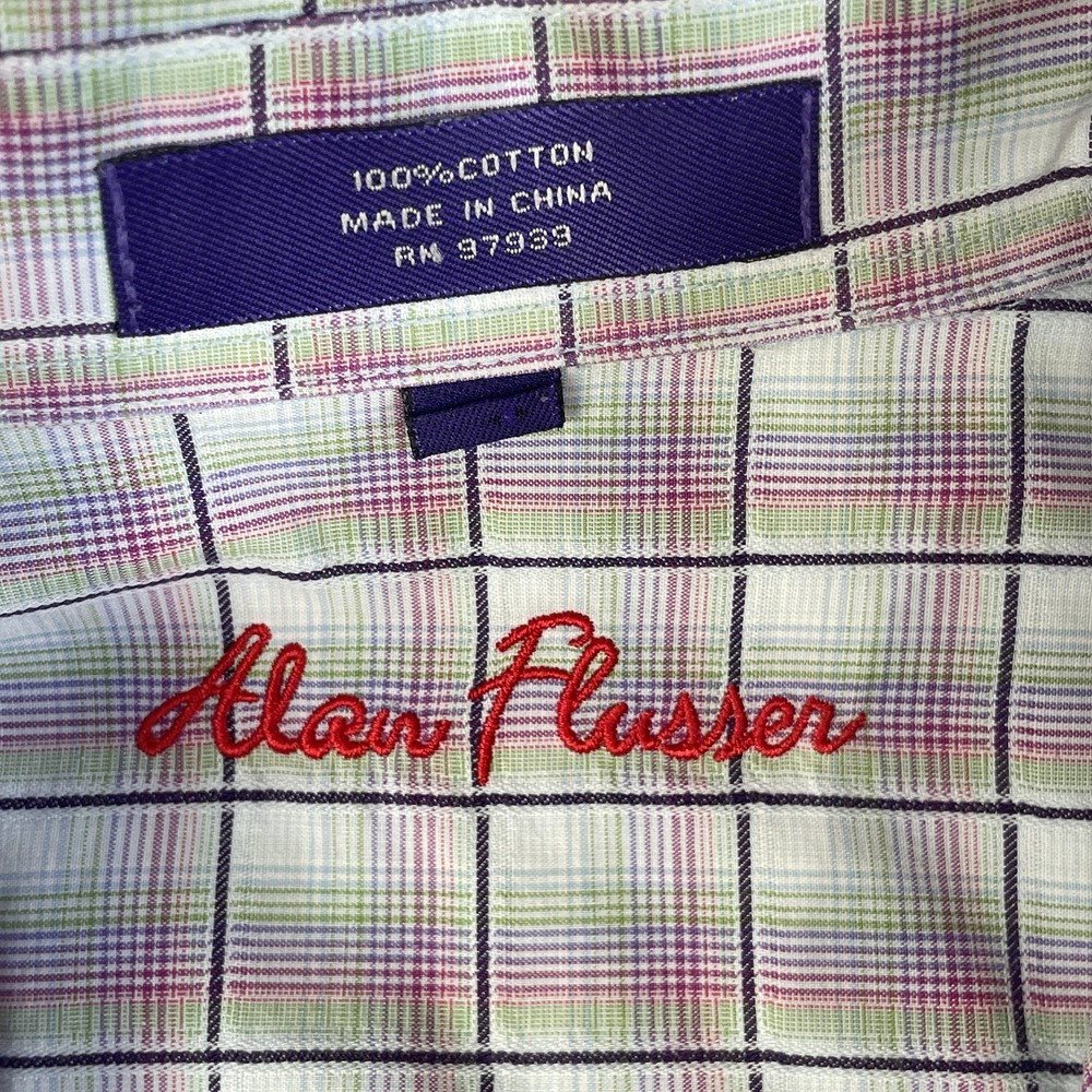 Alan Flusser Mens L Dress Shirt Plaid Check Button Down 100% Cotton - Picture 5 of 8